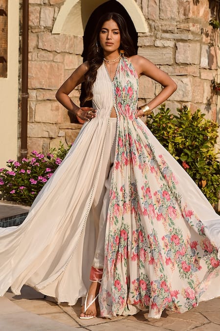 Buy Palak & Mehak Multi Color Crepe, Cotton Embroidery Halter Floral Print Anarakali With Pant Online at Aza Fashions Buy_Palak & Mehak_Multi Color Crepe, Cotton Embroidery Halter Floral Print Anarakali With Pant _Online_at_Aza_Fashions