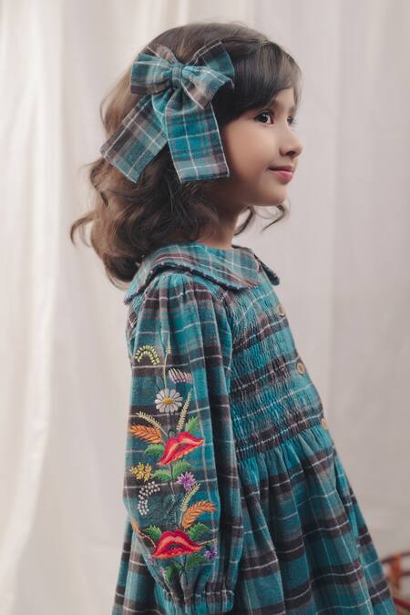 Bagichi_Blue Cotton, Flannel Embroidery Fiona Peter Pan Collared Dress _Online_at_Aza_Fashions