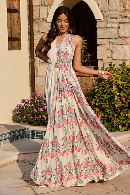 Shop Palak & Mehak Multi Color Crepe, Cotton Embroidery Halter Floral Print Anarakali With Pant Online at Aza Fashions Shop_Palak & Mehak_Multi Color Crepe, Cotton Embroidery Halter Floral Print Anarakali With Pant _Online_at_Aza_Fashions