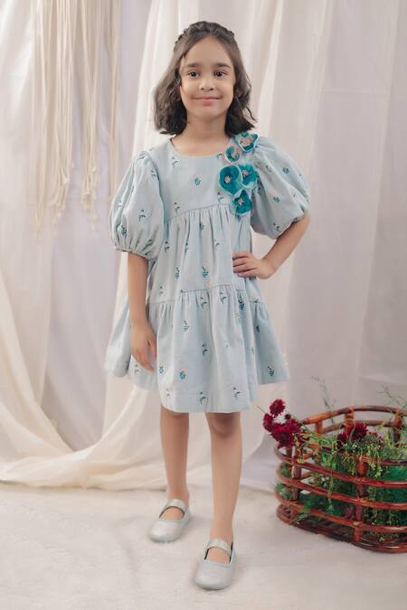 Buy_Bagichi_Blue Cotton Embroidery Blaire Floral Dress _Online_at_Aza_Fashions