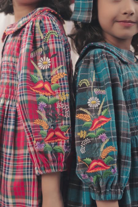 Bagichi_Red Cotton, Flannel Embroidery Fiona Button Down Dress _Online_at_Aza_Fashions