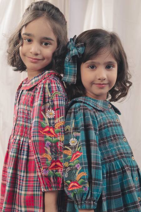 Buy_Bagichi_Red Cotton, Flannel Embroidery Fiona Button Down Dress _Online_at_Aza_Fashions