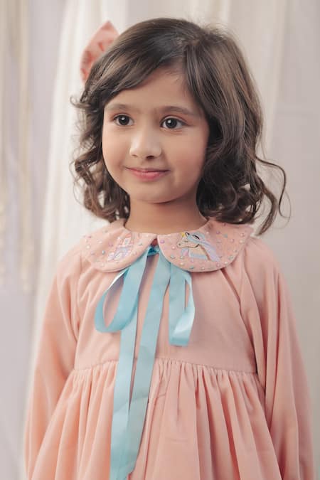 Bagichi_Peach Polyester Embroidery, Beads Annete Unicorn Collar Dress _Online_at_Aza_Fashions