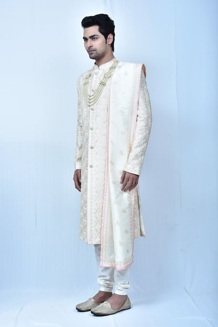 Shop Arihant Rai Sinha Beige Georgette, Silk, Chanderi Embroidery Diamond Mandala Sherwani Set Online at Aza Fashions Shop_Arihant Rai Sinha_Beige Georgette, Silk, Chanderi Embroidery Diamond Mandala Sherwani Set_Online_at_Aza_Fashions