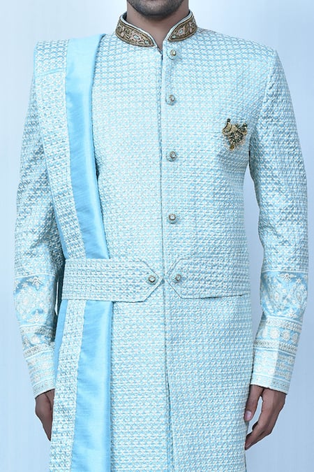 Arihant Rai Sinha_Blue Silk Brooches, Embroidery Floral Sherwani Set _at_Aza_Fashions
