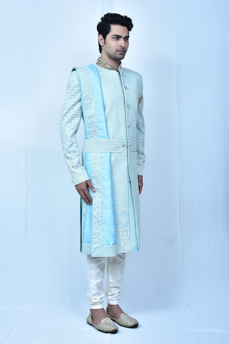 Shop_Arihant Rai Sinha_Blue Silk Brooches, Embroidery Floral Sherwani Set _Online_at_Aza_Fashions