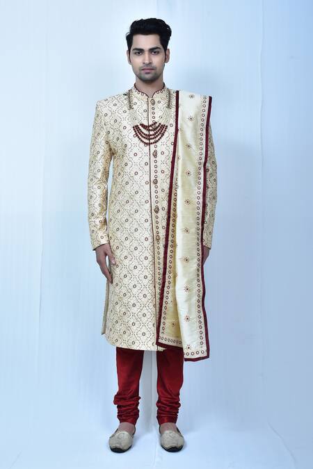 Shop_Arihant Rai Sinha_Beige Georgette, , Chanderi Embroidery Diamond Sherwani Set_Online_at_Aza_Fashions