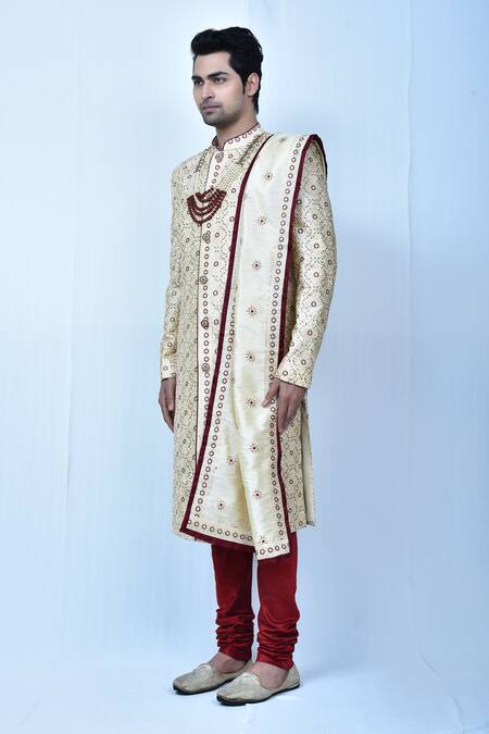 Arihant Rai Sinha_Beige Georgette, , Chanderi Embroidery Diamond Sherwani Set_at_Aza_Fashions