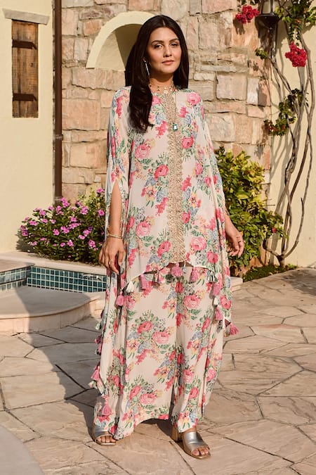 Palak & Mehak_Multi Color Crepe Tassels Round Neck Kai Printed High Low Top And Palazzo Set _Online_at_Aza_Fashions