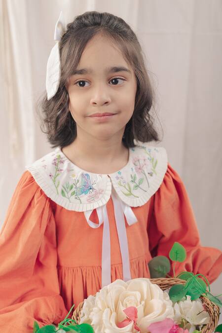 Bagichi_Orange Cotton Embroidery Brigitte Puff Sleeve Collar Dress _Online_at_Aza_Fashions