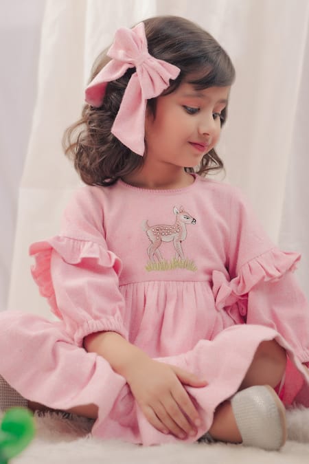 Bagichi_Pink Cotton, Flannel Embroidery Madelyn Deer Dress _Online_at_Aza_Fashions