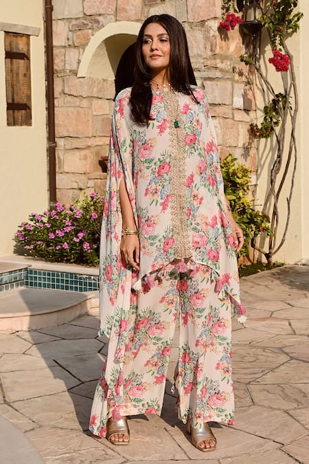 Buy_Palak & Mehak_Multi Color Crepe Tassels Round Neck Kai Printed High Low Top And Palazzo Set _Online_at_Aza_Fashions