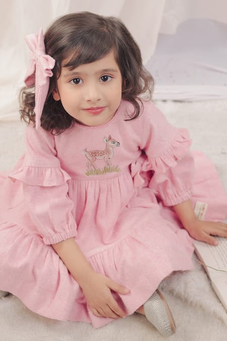Buy_Bagichi_Pink Cotton, Flannel Embroidery Madelyn Deer Dress _Online_at_Aza_Fashions