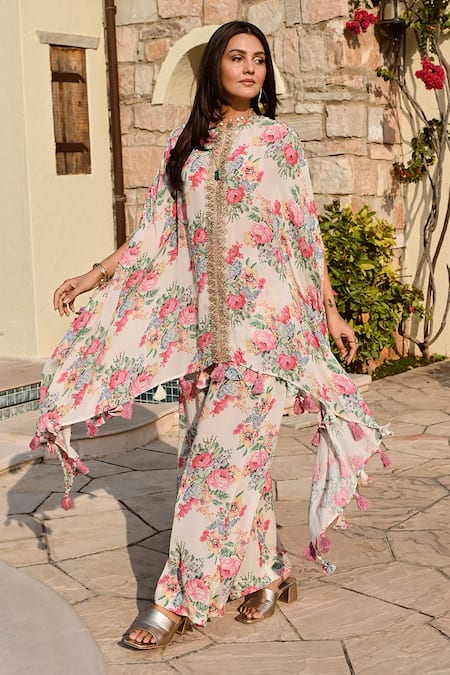 Palak & Mehak_Multi Color Crepe Tassels Round Neck Kai Printed High Low Top And Palazzo Set _at_Aza_Fashions