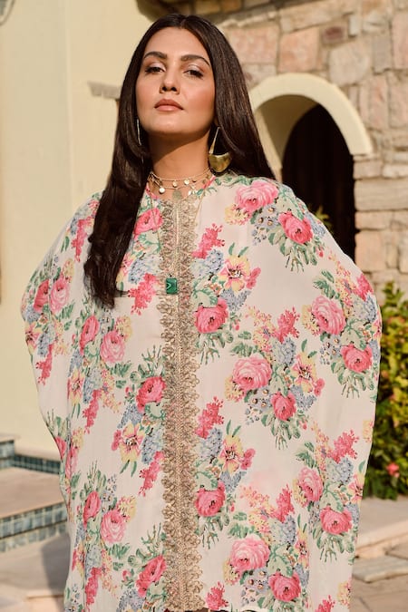 Buy_Palak & Mehak_Multi Color Crepe Tassels Round Neck Kai Printed High Low Top And Palazzo Set 