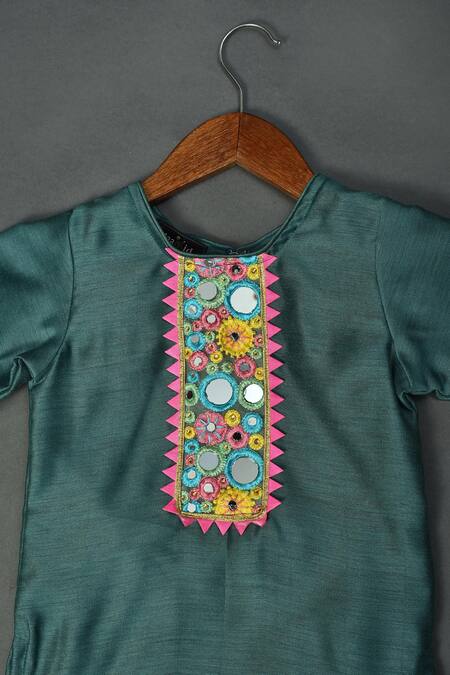 Maaikid_Green Chanderi, Cotton Mirrors Yoke Embroidered Kurta And Sharara Set _Online_at_Aza_Fashions