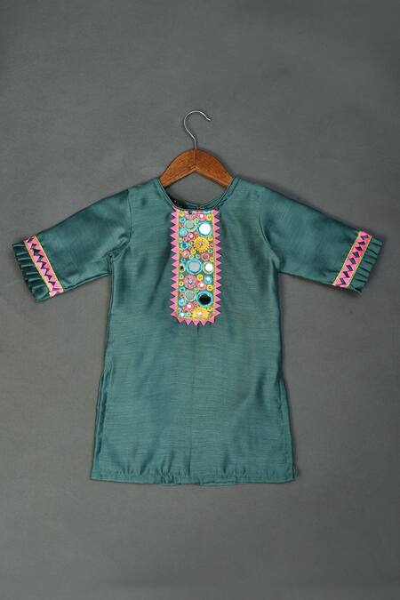 Buy_Maaikid_Green Chanderi, Cotton Mirrors Yoke Embroidered Kurta And Sharara Set _Online_at_Aza_Fashions