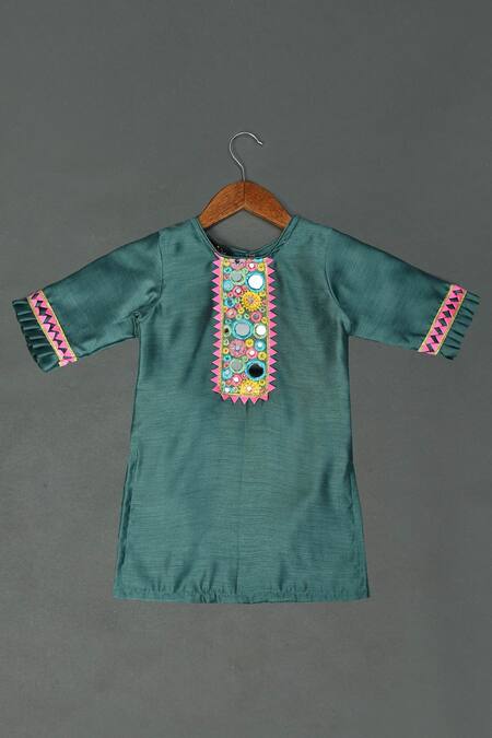 Shop Maaikid Green Chanderi, Cotton Mirrors Yoke Embroidered Kurta And Sharara Set Online at Aza Fashions Shop_Maaikid_Green Chanderi, Cotton Mirrors Yoke Embroidered Kurta And Sharara Set _Online_at_Aza_Fashions