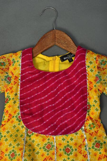 Buy_Maaikid_Yellow Kota Doria, Cotton Patti, Checkered Print Anarkali With Dupatta _Online_at_Aza_Fashions