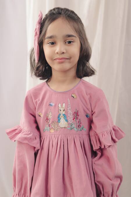 Bagichi_Pink Cotton, Corduroy Embroidery Sophia Bunny Dress _Online_at_Aza_Fashions