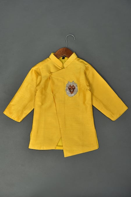 Shop_Maaikid_Yellow Cotton, Silk Embroidery Lion Motif Sherwani Set _Online_at_Aza_Fashions