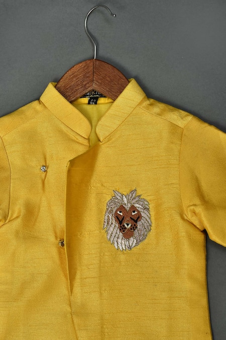 Maaikid_Yellow Cotton, Silk Embroidery Lion Motif Sherwani Set _at_Aza_Fashions