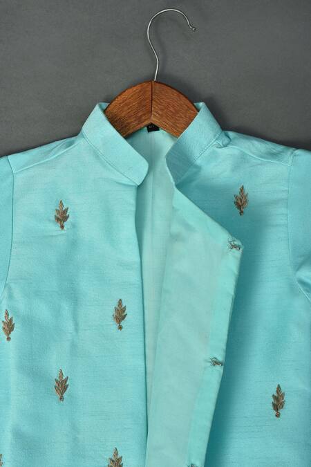 Maaikid_Aqua Silk, Cotton Embroidery, Zari Zardosi Butti Asymmetrical Sherwani Set _Online_at_Aza_Fashions