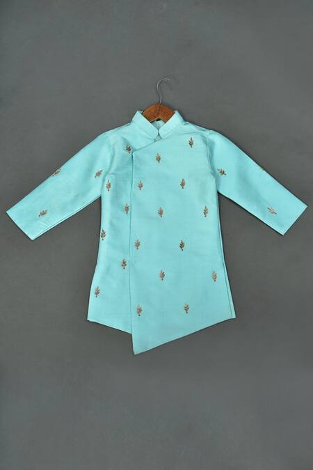 Buy_Maaikid_Aqua Silk, Cotton Embroidery, Zari Zardosi Butti Asymmetrical Sherwani Set _Online_at_Aza_Fashions