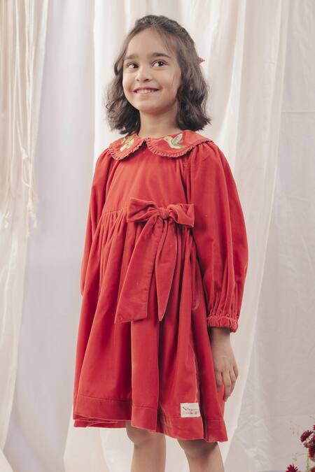 Bagichi_Red Polyester, Cotton Embroidery Brielle Bird Collar Dress _Online_at_Aza_Fashions