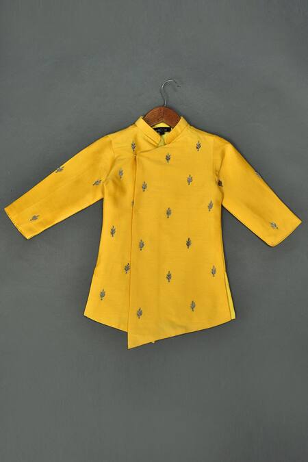 Maaikid_Yellow Cotton, Silk Embroidery Zardosi Butti Asymmetrical Sherwani Set _Online_at_Aza_Fashions