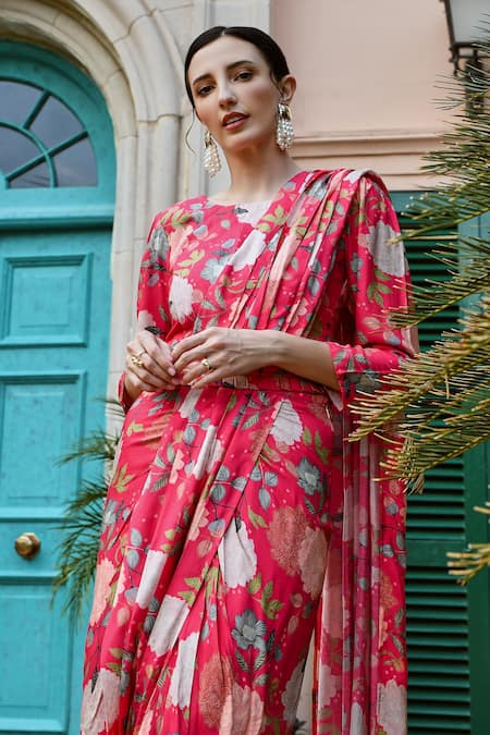 Karaj Jaipur_Red Muslin Round Neck Printed Pre-draped Saree Set_at_Aza_Fashions