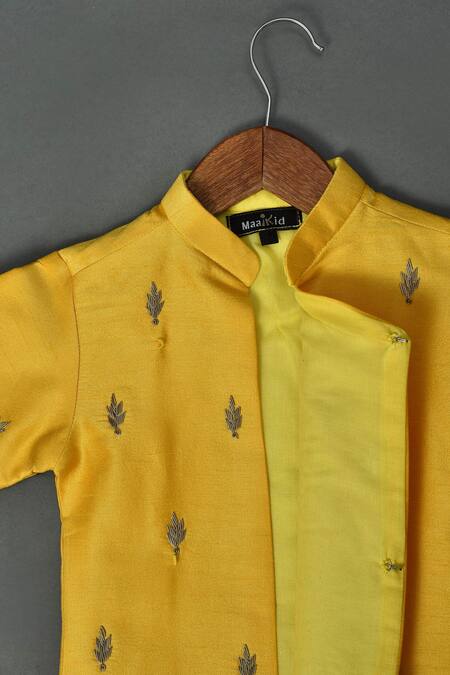 Maaikid_Yellow Cotton, Silk Embroidery Zardosi Butti Asymmetrical Sherwani Set _at_Aza_Fashions