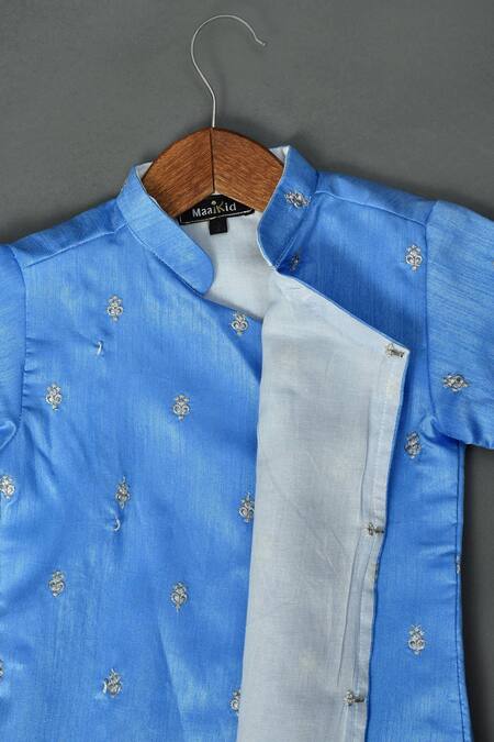 Maaikid_Blue Cotton, Silk Zari Embroidered Asymmetrical Sherwani Set _Online_at_Aza_Fashions