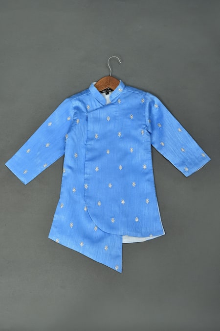 Buy_Maaikid_Blue Cotton, Silk Zari Embroidered Asymmetrical Sherwani Set _Online_at_Aza_Fashions