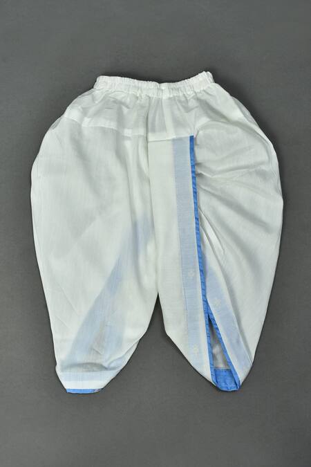 Maaikid_Blue Cotton, Silk Zari Embroidered Asymmetrical Sherwani Set _at_Aza_Fashions