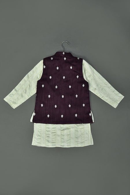 Shop_Maaikid_Wine , Satin Embroidery Floral Bundi And Kurta Set _Online_at_Aza_Fashions
