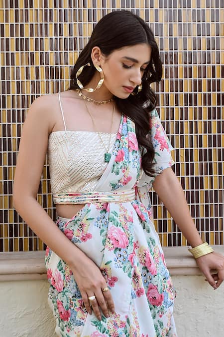 Palak & Mehak_White Chanderi, Crepe Gota Ishna Printed Ruffle Pre-draped Saree With Blouse _at_Aza_Fashions