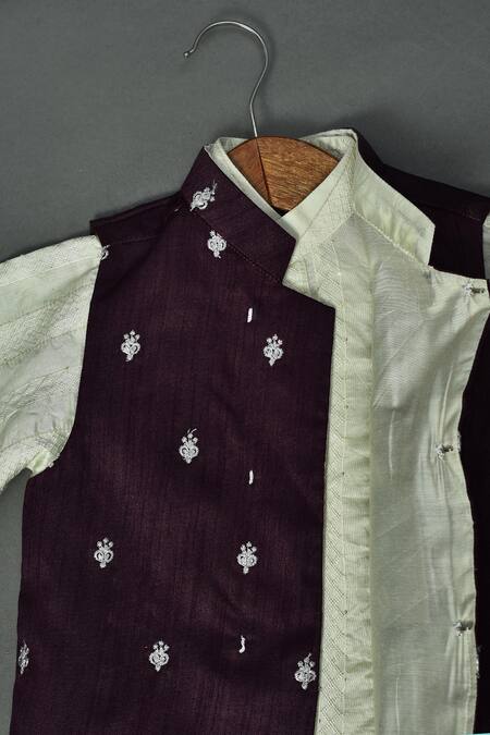 Shop_Maaikid_Wine , Satin Embroidery Floral Bundi And Kurta Set 