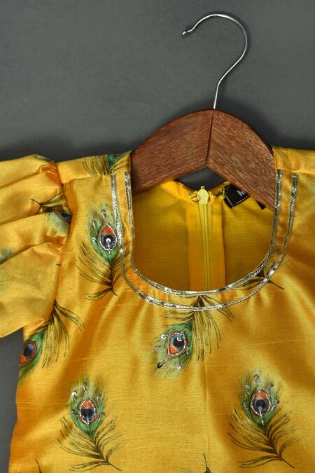 Maaikid_Yellow Cotton, Silk Sequins Printed Kurta And Bottle Green Afghani Pant Set _Online_at_Aza_Fashions