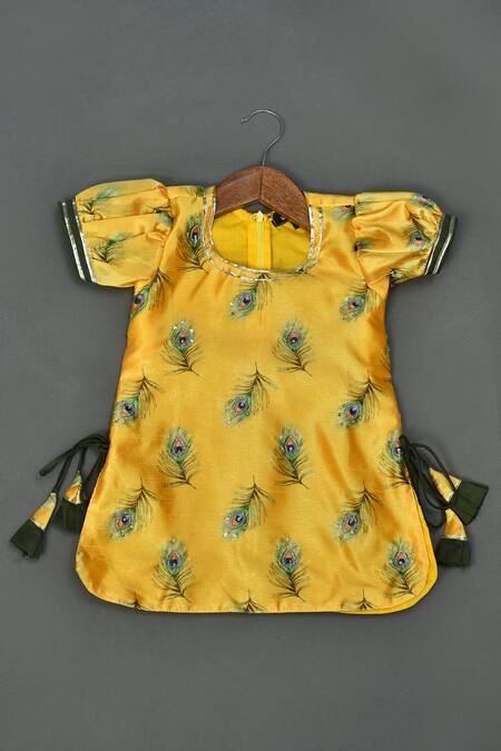 Buy_Maaikid_Yellow Cotton, Silk Sequins Printed Kurta And Bottle Green Afghani Pant Set _Online_at_Aza_Fashions