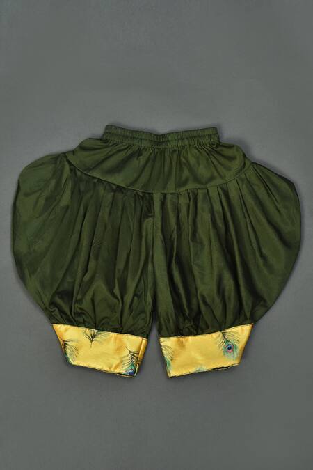 Shop_Maaikid_Yellow Cotton, Silk Sequins Printed Kurta And Bottle Green Afghani Pant Set _Online_at_Aza_Fashions