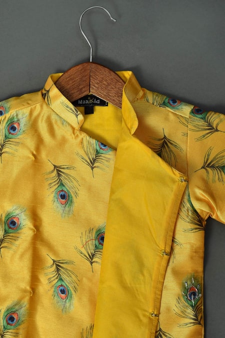 Maaikid_Yellow , Satin Sequins, Printed Kurta And Bottle Green Dhoti Set _at_Aza_Fashions