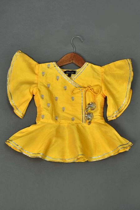 Maaikid_Yellow , Satin, Silk Pearls Embroidered Peplum Top And Dhoti Pant Set _Online_at_Aza_Fashions