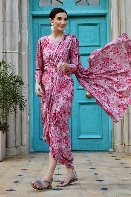 Shop_Karaj Jaipur_Pink Muslin Round Neck Printed Pre-draped Saree With Blouse _Online_at_Aza_Fashions