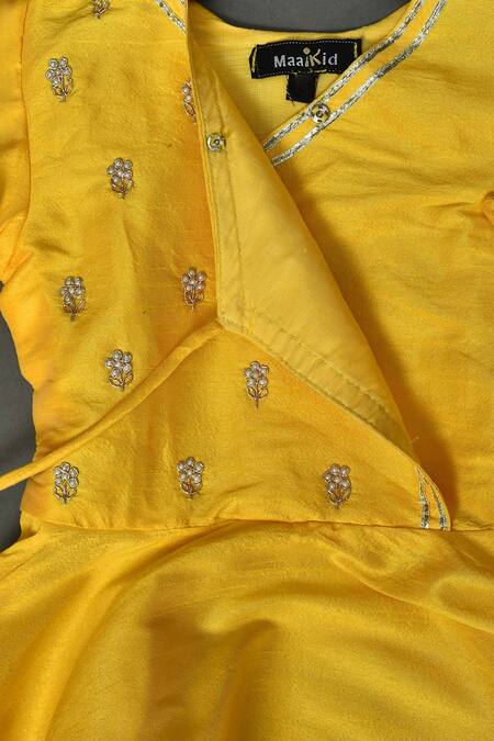 Maaikid_Yellow , Satin, Silk Pearls Embroidered Peplum Top And Dhoti Pant Set _at_Aza_Fashions