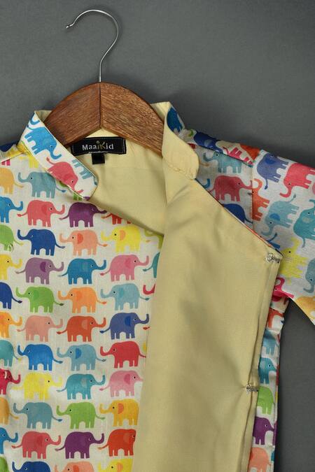 Maaikid_Multi Color , Silk, Satin Elephant Print Sherwani Set _Online_at_Aza_Fashions