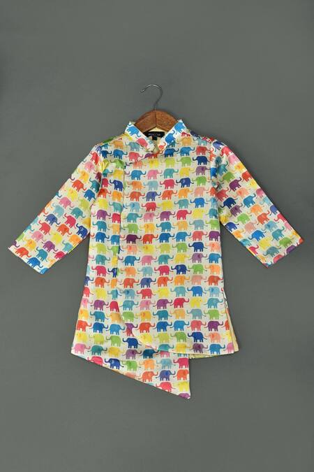 Buy_Maaikid_Multi Color , Silk, Satin Elephant Print Sherwani Set _Online_at_Aza_Fashions