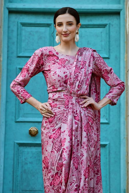 Karaj Jaipur_Pink Muslin Round Neck Printed Pre-draped Saree With Blouse _at_Aza_Fashions