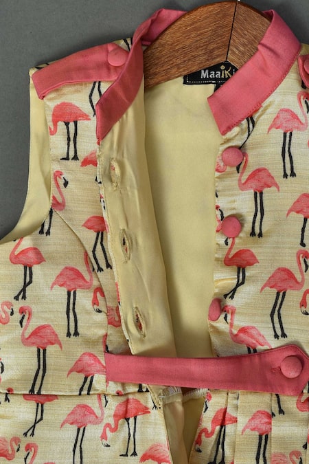Maaikid_Beige Cotton, Silk Flamingo Print Top And Pant Set _Online_at_Aza_Fashions