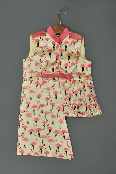 Buy_Maaikid_Beige Cotton, Silk Flamingo Print Top And Pant Set _Online_at_Aza_Fashions